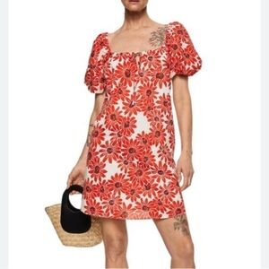 MANGO Floral Puff Sleeve Cotton Shift Dress